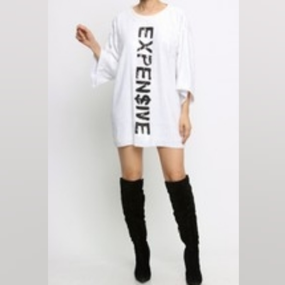NEW! Sequins White Dress with Black "Expensive" Graphic